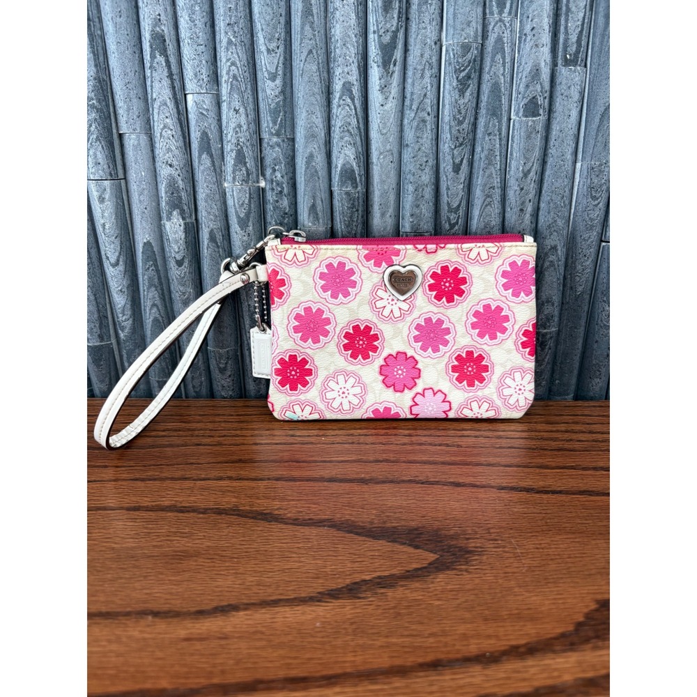 Coach Pink White Floral Heart Logo Wristlet Coated Canvas Bag